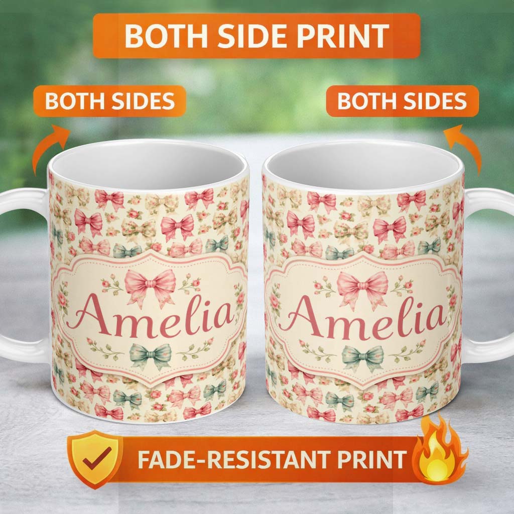 Personalized Custom Name Shabby Chic Floral Bow Pattern with Roses in Pastel Pink Seamless 11oz Ceramic Coffee Tea Mug White Large Handle