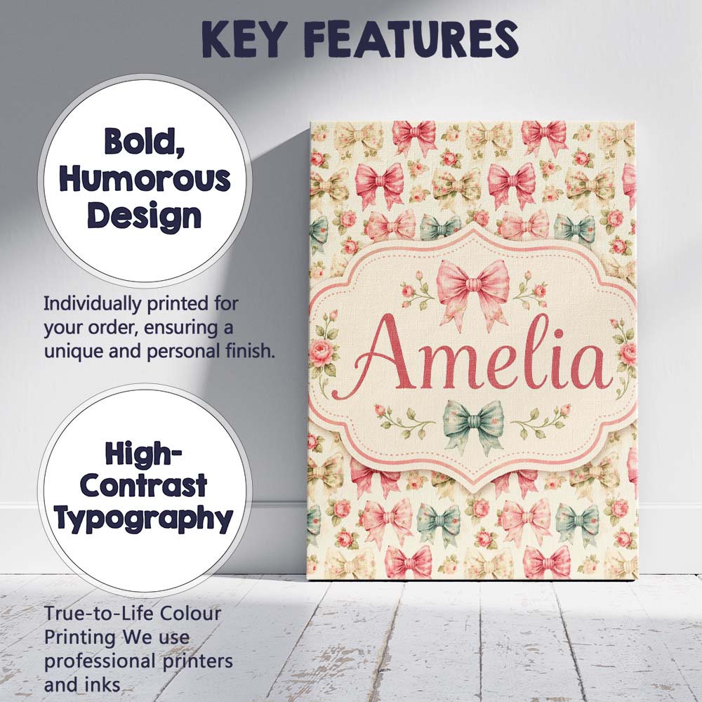 Personalised Name Shabby Chic Floral Bow Custom  Unique Gift Idea Elegant Feature Canvas Wall Art Print Decor Picture Ready to Hang