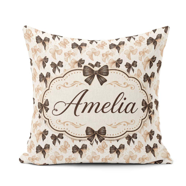 Custom Name Elegant Neutral Bow Pattern in Beige and Brown Tones Square Filled Cushion Throw Pillow Sofa Bed Home Decor Zip Washable UK Made