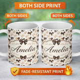 Personalized Custom Name Elegant Neutral Bow Pattern in Beige and Brown Tones Seamless Name 11oz Ceramic Coffee Tea Mug White Large Handle