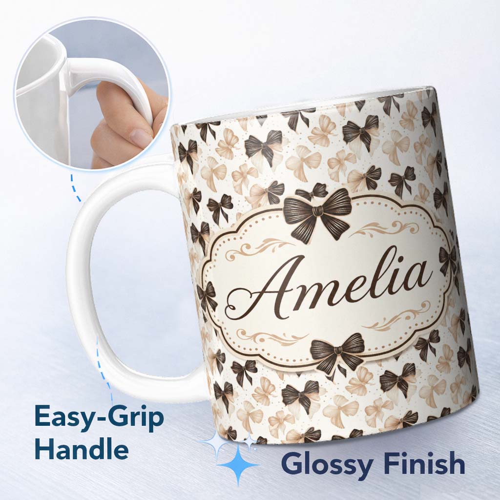Personalized Custom Name Elegant Neutral Bow Pattern in Beige and Brown Tones Seamless Name 11oz Ceramic Coffee Tea Mug White Large Handle