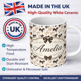 Personalized Custom Name Elegant Neutral Bow Pattern in Beige and Brown Tones Seamless Name 11oz Ceramic Coffee Tea Mug White Large Handle
