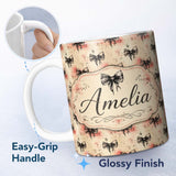 Personalized Custom Name Grunge Style Black Bow Pattern with Distressed Background Seamless 11oz Ceramic Coffee Tea Mug White Large Handle