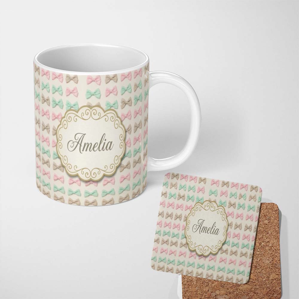 Personalized Custom Name Soft Pastel Bow Pattern in Peach Mint and Cream Seamless Name Cute 11oz Ceramic Coffee Tea Mug White Large Handle