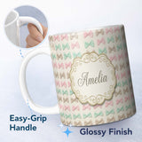 Personalized Custom Name Soft Pastel Bow Pattern in Peach Mint and Cream Seamless Name Cute 11oz Ceramic Coffee Tea Mug White Large Handle
