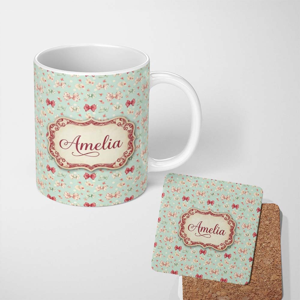 Personalized Custom Name Cute Floral Bow Pattern on Light Blue Background Seamless Name 11oz Ceramic Coffee Tea Mug White Large Handle