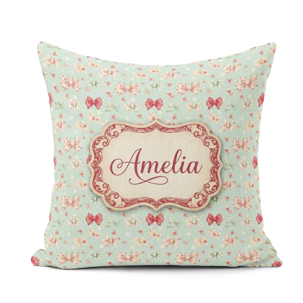 Custom Name Cute Floral Bow Pattern on Light Blue Seamless Name Square Filled Cushion Throw Pillow Sofa Bed Home Decor Zip Washable UK Made