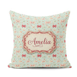 Custom Name Cute Floral Bow Pattern on Light Blue Seamless Name Square Filled Cushion Throw Pillow Sofa Bed Home Decor Zip Washable UK Made