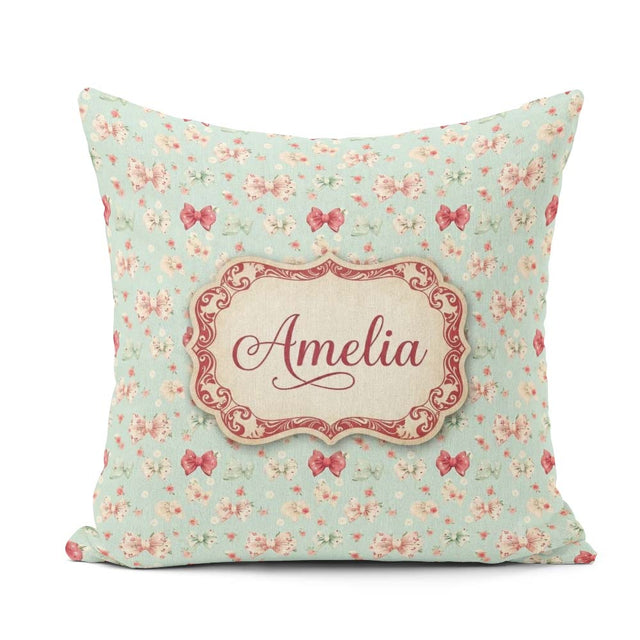Custom Name Cute Floral Bow Pattern on Light Blue Seamless Name Square Filled Cushion Throw Pillow Sofa Bed Home Decor Zip Washable UK Made