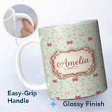 Personalized Custom Name Cute Floral Bow Pattern on Light Blue Background Seamless Name 11oz Ceramic Coffee Tea Mug White Large Handle