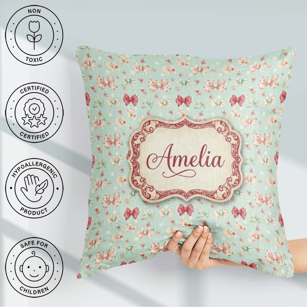 Custom Name Cute Floral Bow Pattern on Light Blue Seamless Name Square Filled Cushion Throw Pillow Sofa Bed Home Decor Zip Washable UK Made