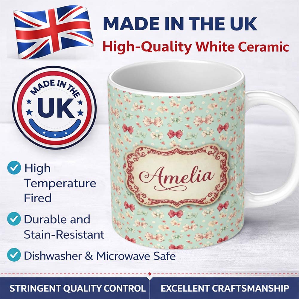 Personalized Custom Name Cute Floral Bow Pattern on Light Blue Background Seamless Name 11oz Ceramic Coffee Tea Mug White Large Handle
