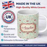 Personalized Custom Name Cute Floral Bow Pattern on Light Blue Background Seamless Name 11oz Ceramic Coffee Tea Mug White Large Handle