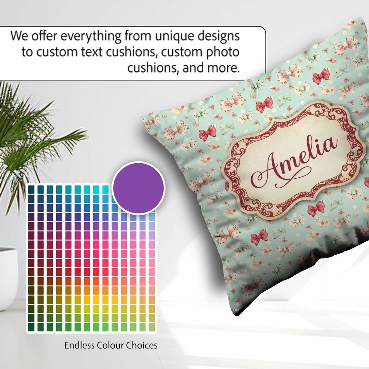 Custom Name Cute Floral Bow Pattern on Light Blue Seamless Name Square Filled Cushion Throw Pillow Sofa Bed Home Decor Zip Washable UK Made