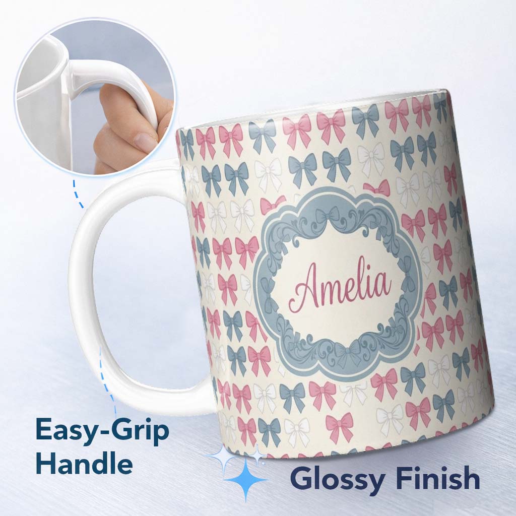 Personalized Custom Name Vintage Inspired Bow Pattern in Pink Blue and Cream Seamless Name 11oz Ceramic Coffee Tea Mug White Large Handle