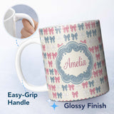 Personalized Custom Name Vintage Inspired Bow Pattern in Pink Blue and Cream Seamless Name 11oz Ceramic Coffee Tea Mug White Large Handle