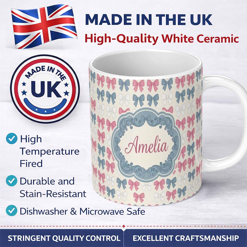 Personalized Custom Name Vintage Inspired Bow Pattern in Pink Blue and Cream Seamless Name 11oz Ceramic Coffee Tea Mug White Large Handle