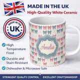 Personalized Custom Name Vintage Inspired Bow Pattern in Pink Blue and Cream Seamless Name 11oz Ceramic Coffee Tea Mug White Large Handle