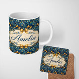 Personalized Custom Name Elegant Blue Floral Swirl Pattern with Golden Bows Seamless Design 11oz Ceramic Coffee Tea Mug White Large Handle