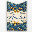 Elegant Blue Floral Swirl Pattern with Golden Bows Seamless Design  Personalised Custom Name Super Soft Fleece Blanket Bed Sofa Throw