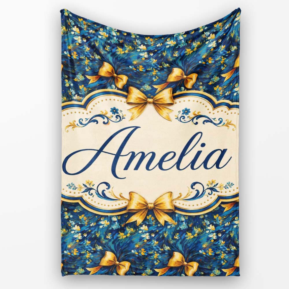 Elegant Blue Floral Swirl Pattern with Golden Bows Seamless Design  Personalised Custom Name Super Soft Fleece Blanket Bed Sofa Throw