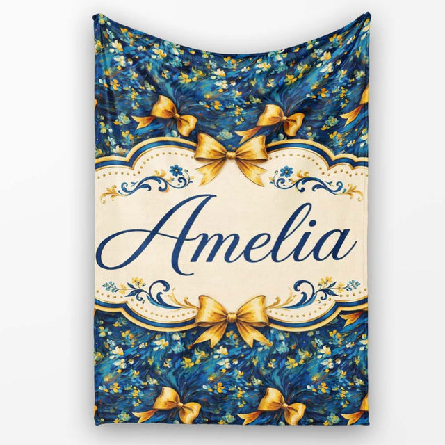 Elegant Blue Floral Swirl Pattern with Golden Bows Seamless Design  Personalised Custom Name Super Soft Fleece Blanket Bed Sofa Throw