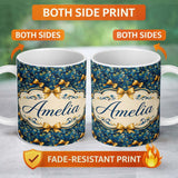Personalized Custom Name Elegant Blue Floral Swirl Pattern with Golden Bows Seamless Design 11oz Ceramic Coffee Tea Mug White Large Handle