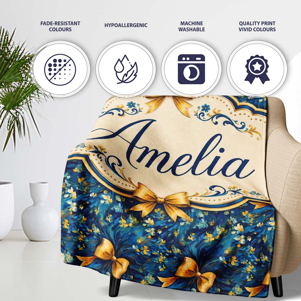 Elegant Blue Floral Swirl Pattern with Golden Bows Seamless Design  Personalised Custom Name Super Soft Fleece Blanket Bed Sofa Throw