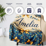 Elegant Blue Floral Swirl Pattern with Golden Bows Seamless Design  Personalised Custom Name Super Soft Fleece Blanket Bed Sofa Throw