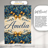 Elegant Blue Floral Swirl Pattern with Golden Bows Seamless Design  Personalised Custom Name Super Soft Fleece Blanket Bed Sofa Throw