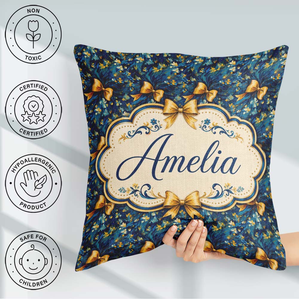 Custom Name Elegant Blue Floral Swirl Pattern with Bows Seamless Square Filled Cushion Throw Pillow Sofa Bed Home Decor Zip Washable UK Made