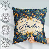 Custom Name Elegant Blue Floral Swirl Pattern with Bows Seamless Square Filled Cushion Throw Pillow Sofa Bed Home Decor Zip Washable UK Made