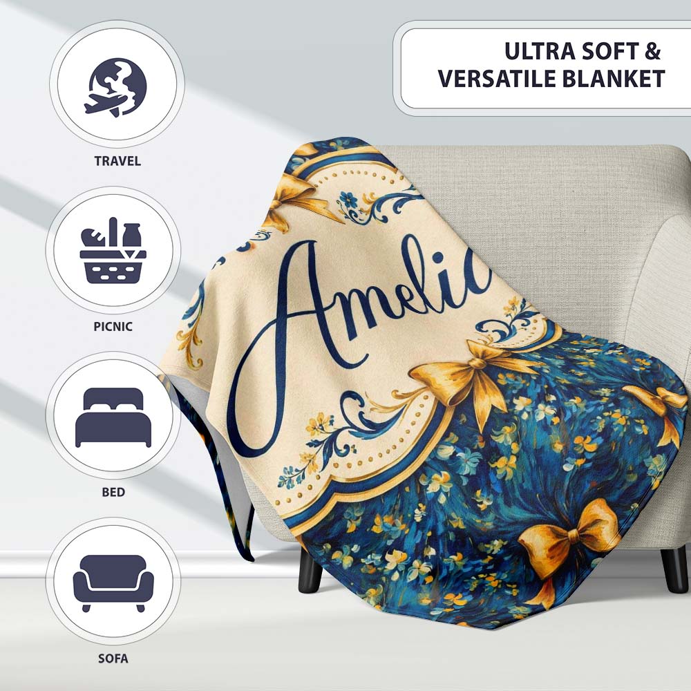 Elegant Blue Floral Swirl Pattern with Golden Bows Seamless Design  Personalised Custom Name Super Soft Fleece Blanket Bed Sofa Throw