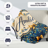 Elegant Blue Floral Swirl Pattern with Golden Bows Seamless Design  Personalised Custom Name Super Soft Fleece Blanket Bed Sofa Throw