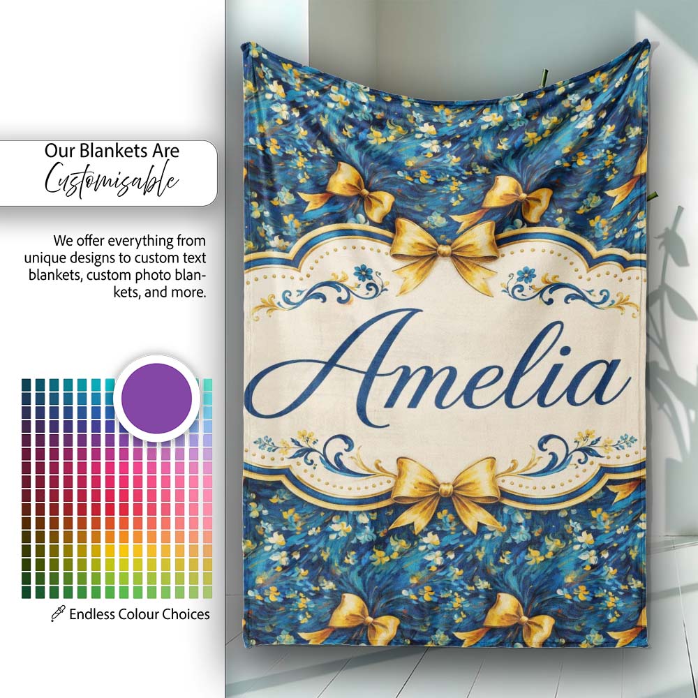 Elegant Blue Floral Swirl Pattern with Golden Bows Seamless Design  Personalised Custom Name Super Soft Fleece Blanket Bed Sofa Throw