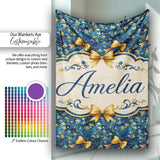 Elegant Blue Floral Swirl Pattern with Golden Bows Seamless Design  Personalised Custom Name Super Soft Fleece Blanket Bed Sofa Throw