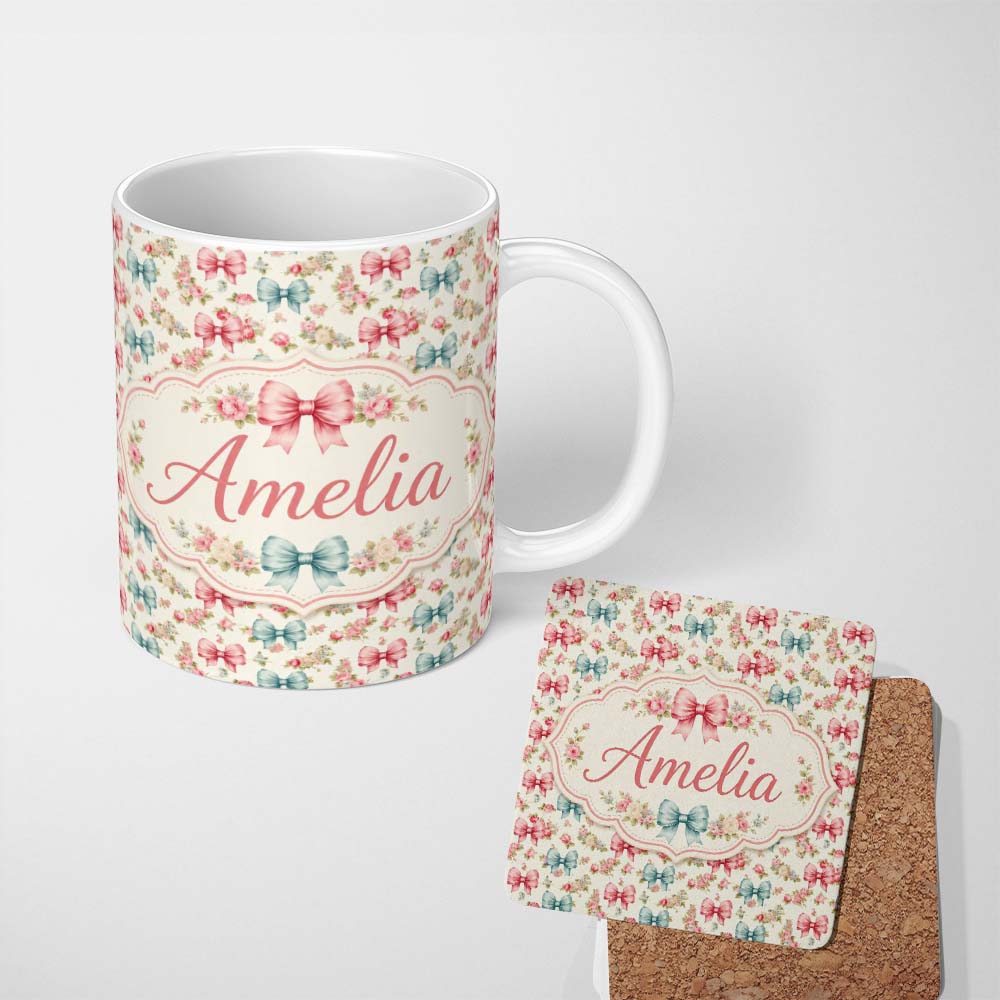 Personalized Custom Name Shabby Chic Floral Bow Pattern in Pink and Blue Pastel Tones 11oz Ceramic Coffee Tea Mug White Large Handle