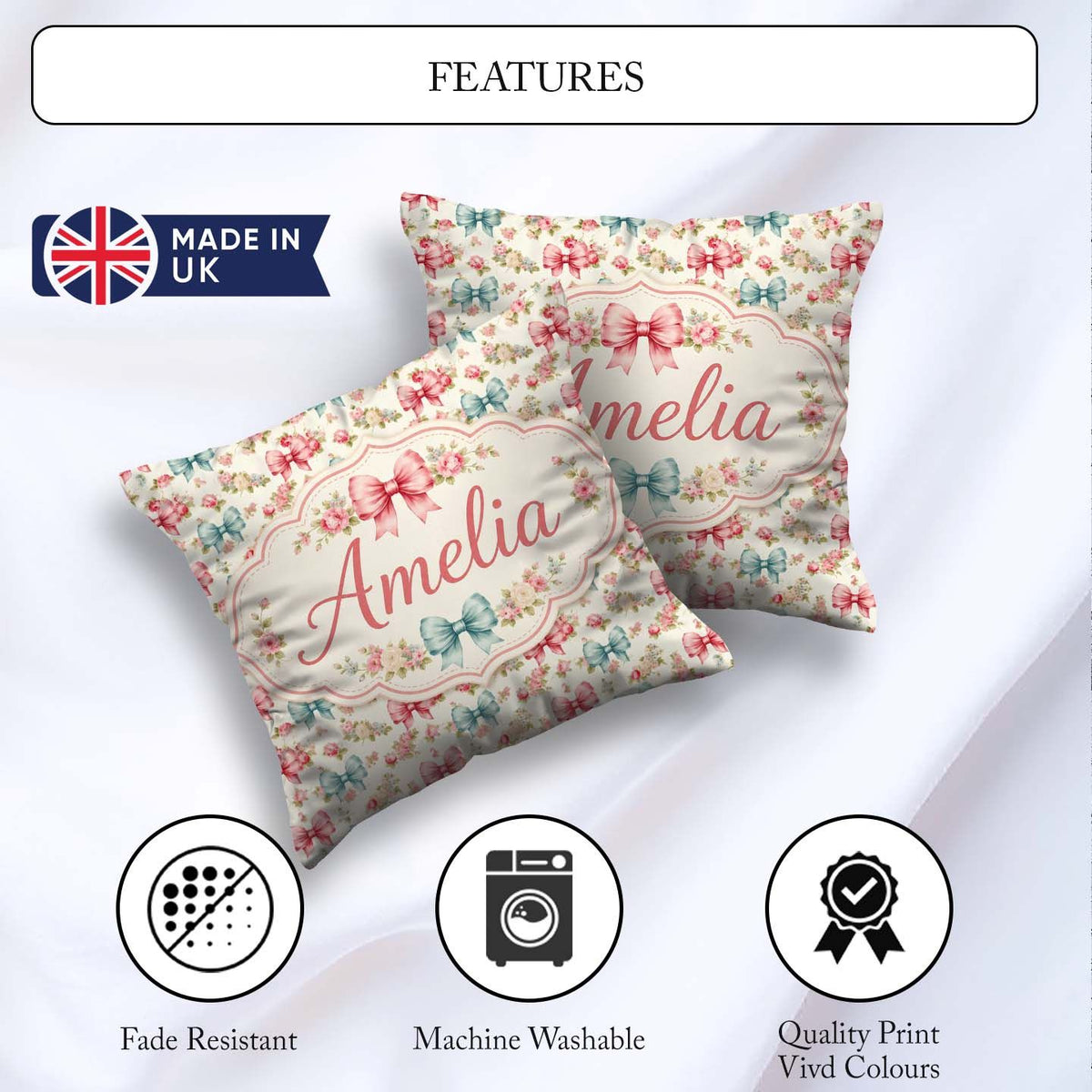 Custom Name Shabby Chic Floral Bow in Pink and Blue Pastel Tones Square Filled Cushion Throw Pillow Sofa Bed Home Decor Zip Washable UK Made