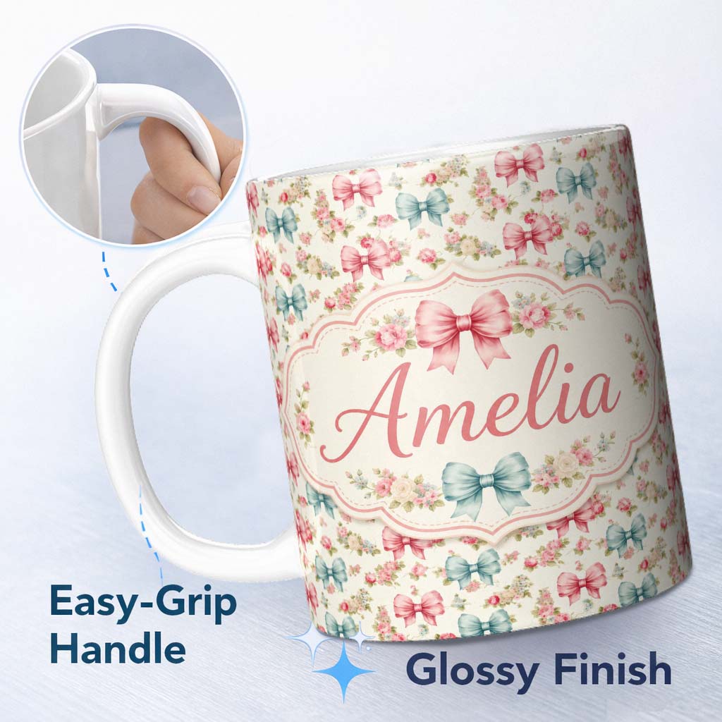Personalized Custom Name Shabby Chic Floral Bow Pattern in Pink and Blue Pastel Tones 11oz Ceramic Coffee Tea Mug White Large Handle