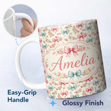 Personalized Custom Name Shabby Chic Floral Bow Pattern in Pink and Blue Pastel Tones 11oz Ceramic Coffee Tea Mug White Large Handle
