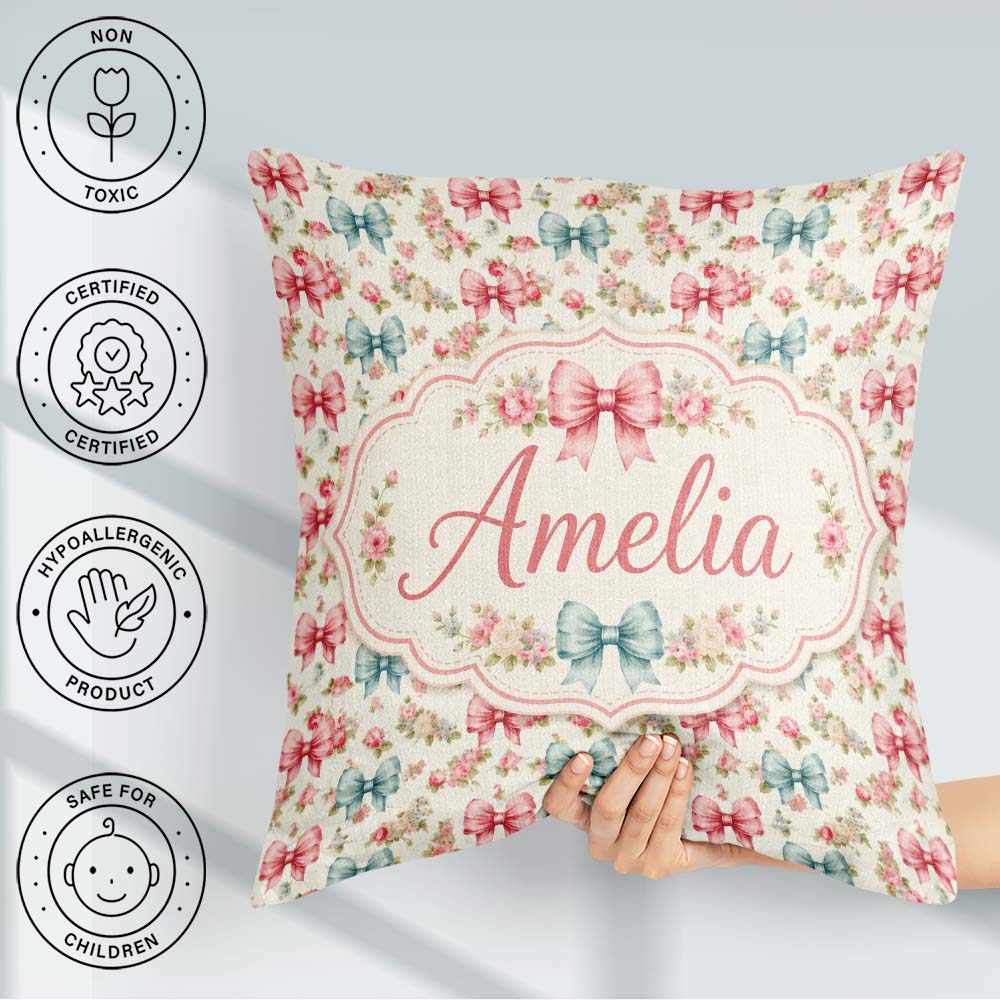 Custom Name Shabby Chic Floral Bow in Pink and Blue Pastel Tones Square Filled Cushion Throw Pillow Sofa Bed Home Decor Zip Washable UK Made