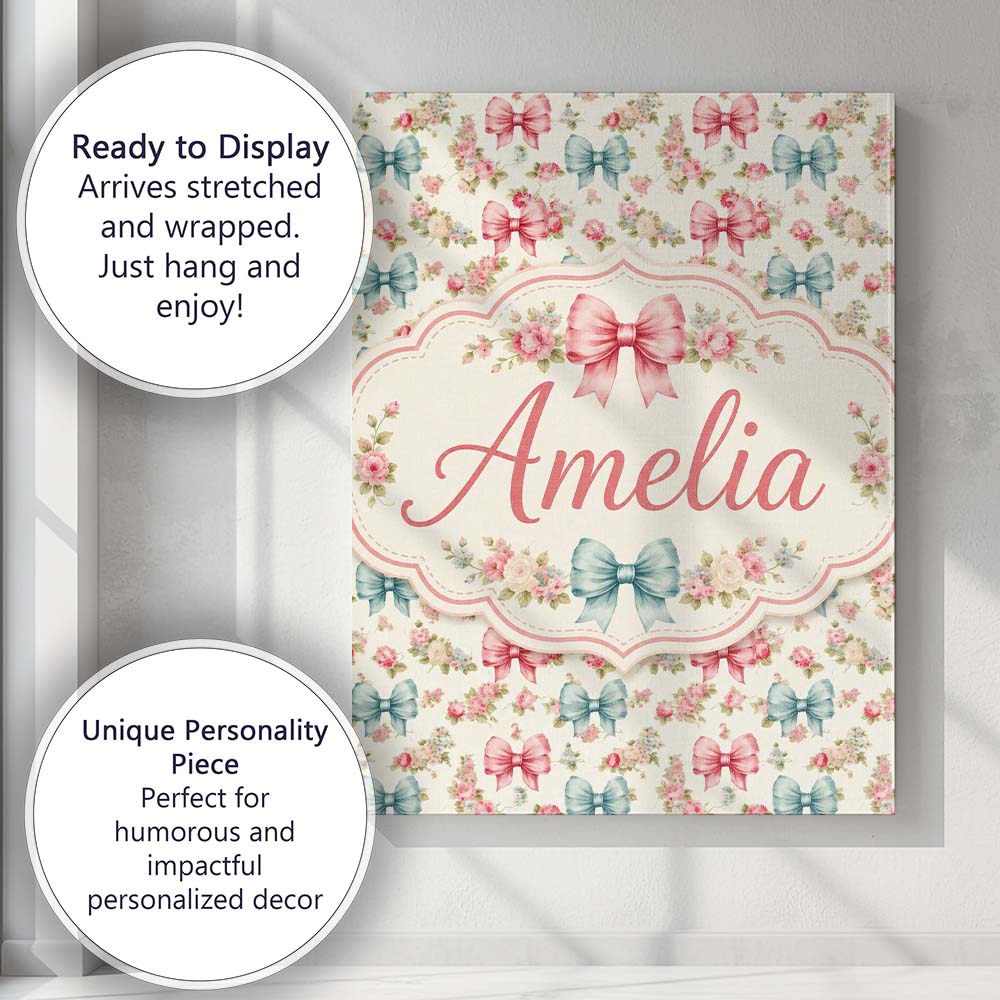 Personalised Name Shabby Chic Floral Bow Custom  Unique Gift Idea Elegant Feature Canvas Wall Art Print Decor Picture Ready to Hang