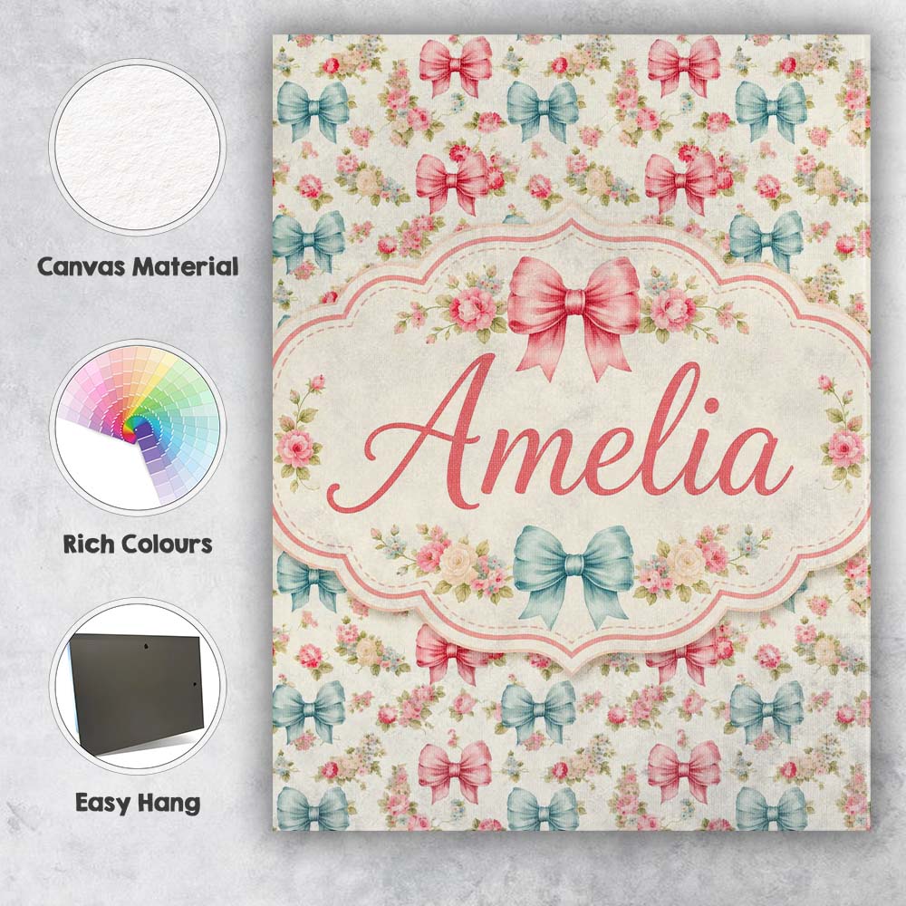 Personalised Name Shabby Chic Floral Bow Custom  Unique Gift Idea Elegant Feature Canvas Wall Art Print Decor Picture Ready to Hang