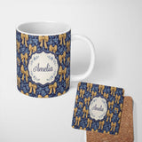 Personalized Custom Name Golden Bow and Floral Pattern on Deep Blue Background Seamless 11oz Ceramic Coffee Tea Mug White Large Handle