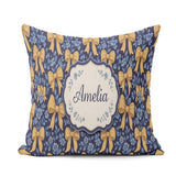 Custom Name Golden Bow and Floral Pattern on Deep Blue Seamless Square Filled Cushion Throw Pillow Sofa Bed Home Decor Zip Washable UK Made