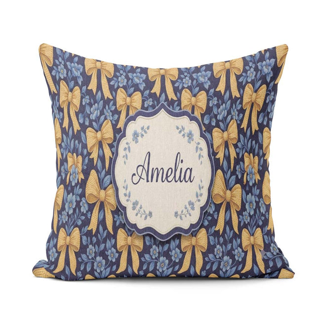 Custom Name Golden Bow and Floral Pattern on Deep Blue Seamless Square Filled Cushion Throw Pillow Sofa Bed Home Decor Zip Washable UK Made