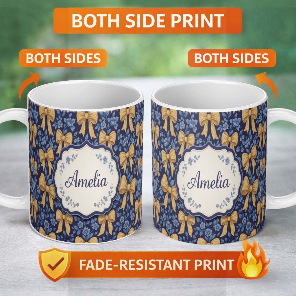 Personalized Custom Name Golden Bow and Floral Pattern on Deep Blue Background Seamless 11oz Ceramic Coffee Tea Mug White Large Handle