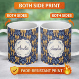 Personalized Custom Name Golden Bow and Floral Pattern on Deep Blue Background Seamless 11oz Ceramic Coffee Tea Mug White Large Handle