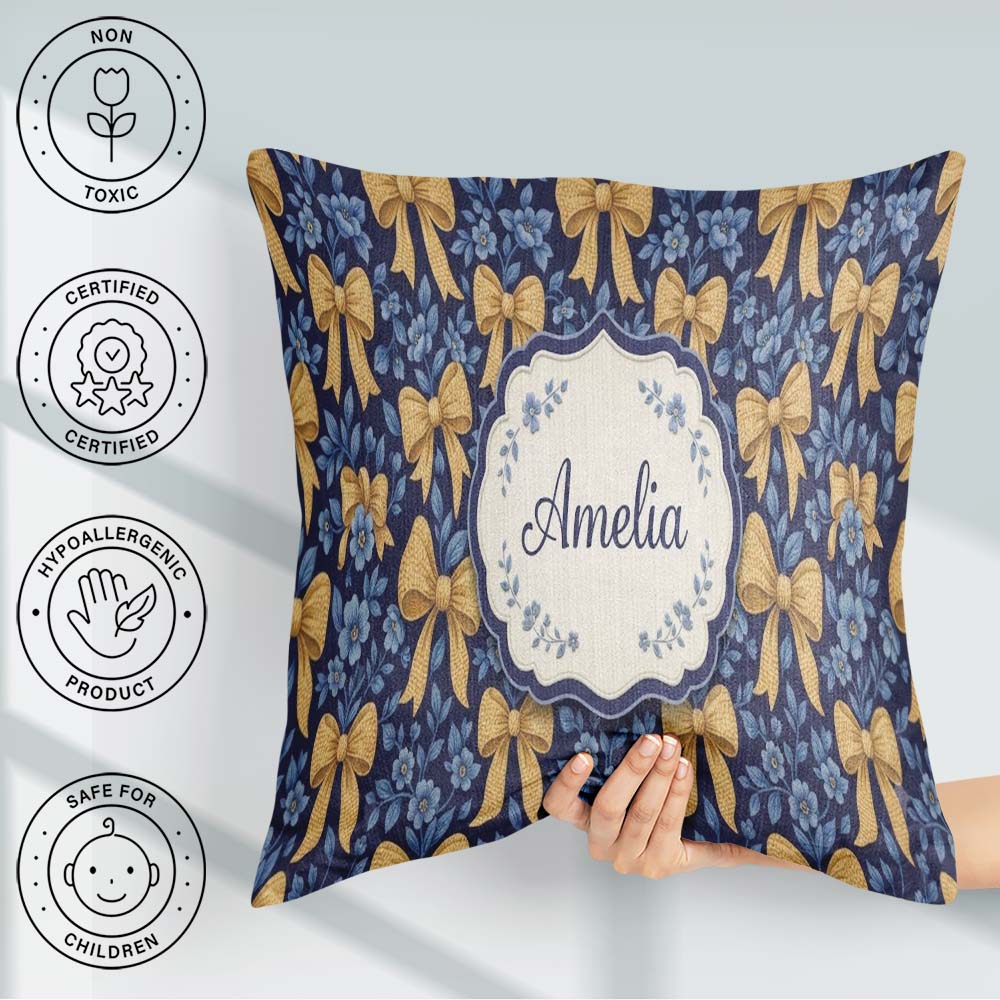 Custom Name Golden Bow and Floral Pattern on Deep Blue Seamless Square Filled Cushion Throw Pillow Sofa Bed Home Decor Zip Washable UK Made