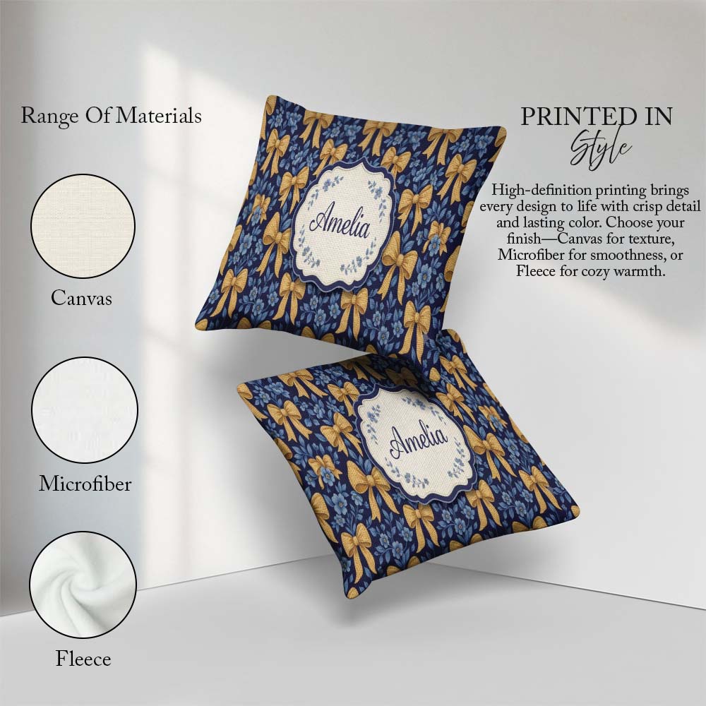 Custom Name Golden Bow and Floral Pattern on Deep Blue Seamless Square Filled Cushion Throw Pillow Sofa Bed Home Decor Zip Washable UK Made